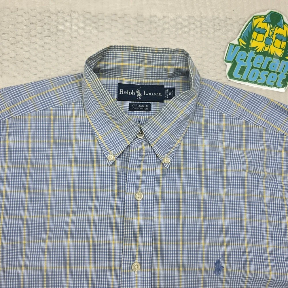 Polo Ralph Lauren Yarmouth Dress Shirt Mens L 16 32/33 Blue Plaid Oxford Pony